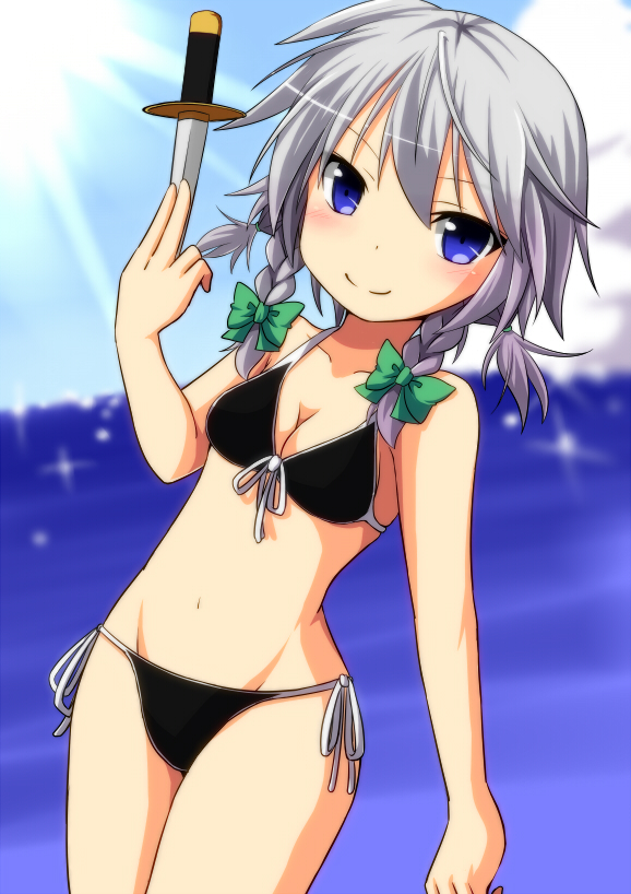 1girl, alternate_costume, beach, bikini, black_bikini, blue_eyes, blurry, blush, braid, cloud, day, depth_of_field, female_focus, izayoi_sakuya, knife, looking_at_viewer, navel, nitizyo, silver_hair, smirk, solo, sun, swimsuit, touhou, twin_braids