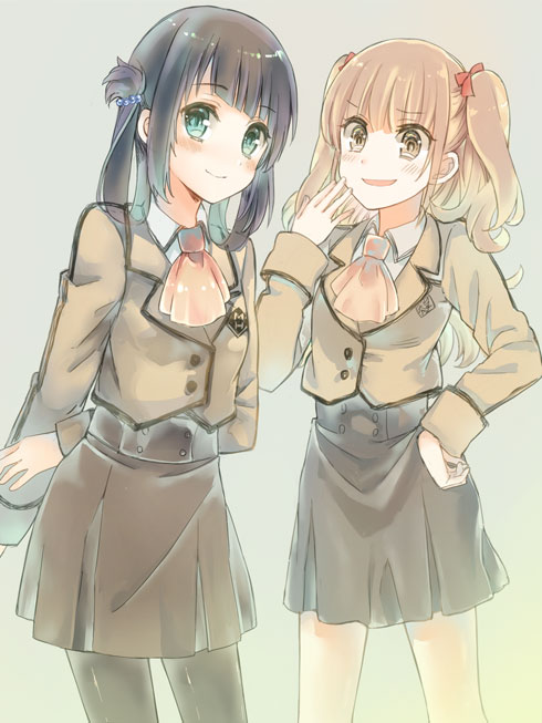 10s, 2girls, bad_id, bad_pixiv_id, black_hair, blue_eyes, brown_eyes, brown_hair