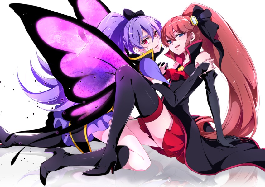 10s, 2girls, arm_warmers, black_gloves, black_legwear, blue_eyes, boots, brooch, butterfly_wings, chiyo_(rotsurechiriha), cure_tender, dark_persona, elbow_gloves, full_body, genderswap, genderswap_(mtf), gloves, hair_ornament, hair_ribbon, hairpin, happinesscharge_precure!, high_heel_boots, high_heels, high_ponytail, hikawa_maria, insect_wings, jewelry, long_hair, multiple_girls, phantom_(precure), ponytail, precure, purple_hair, purple_skirt, red_eyes, red_hair, red_skirt, ribbon, sitting, skirt, smile, spoilers, thigh_boots, thighhighs, unlovely_(precure), very_long_hair, wide_ponytail, wings, yuri
