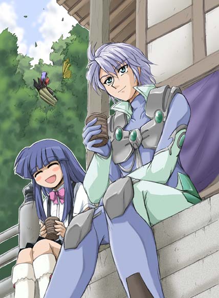 00s, 1boy, 2girls, :d, ^_^, banpresto, blunt_bangs, blush