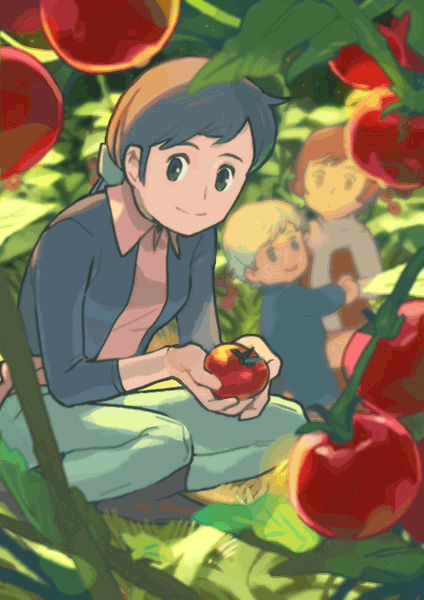 1boy, 2girls, apple, ashura_novak, brown_hair, child, densetsu_kyojin_ideon, food