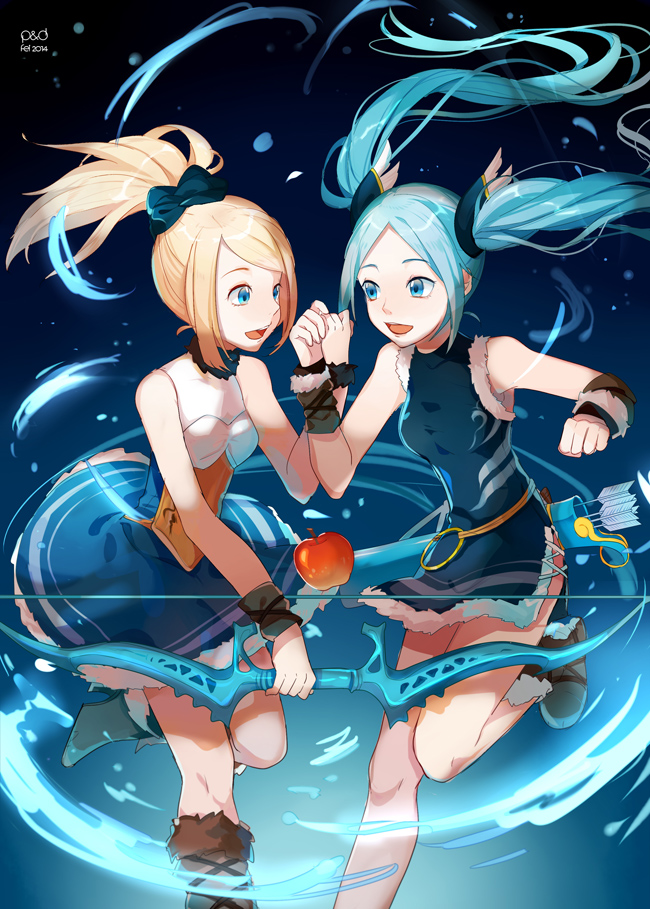 2girls, apple, aqua_hair, arrow_(projectile), bad_id, bad_pixiv_id, blonde_hair, blue_eyes