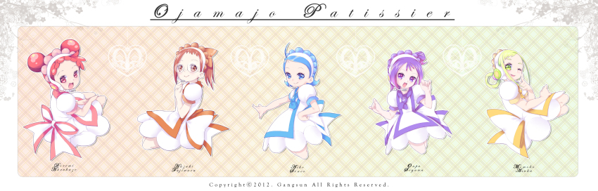 5girls, absurdres, ahoge, asuka_momoko, blonde_hair, blue_eyes, blue_hair, blush, brown_hair, fujiwara_hazuki, gangsun, glasses, harukaze_doremi, highres, multiple_girls, ojamajo_doremi, open_mouth, purple_hair, red_hair, segawa_onpu, senoo_aiko, short_hair, smile