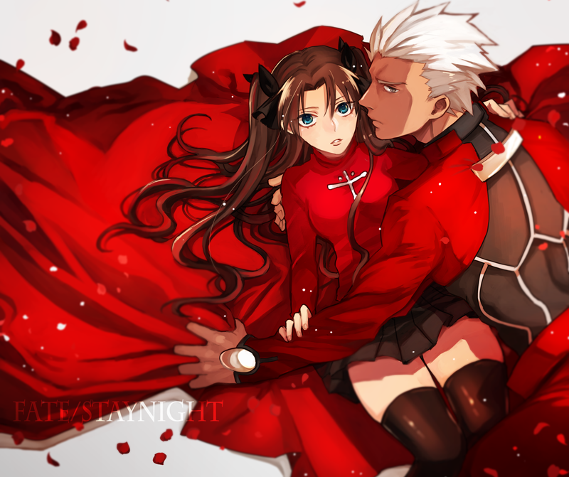 1boy, 1girl, archer_(fate), blue_eyes, bluuue, brown_hair, fate/stay_night, fate_(series)