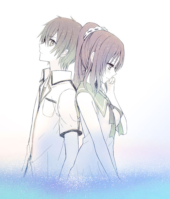 10s, 1boy, 1girl, back-to-back, bad_id, bad_pixiv_id, dress, eruria