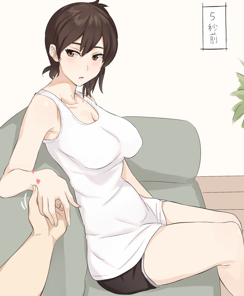 10s, 1boy, 1girl, bad_id, bad_pixiv_id, breasts, brown_eyes, brown_hair