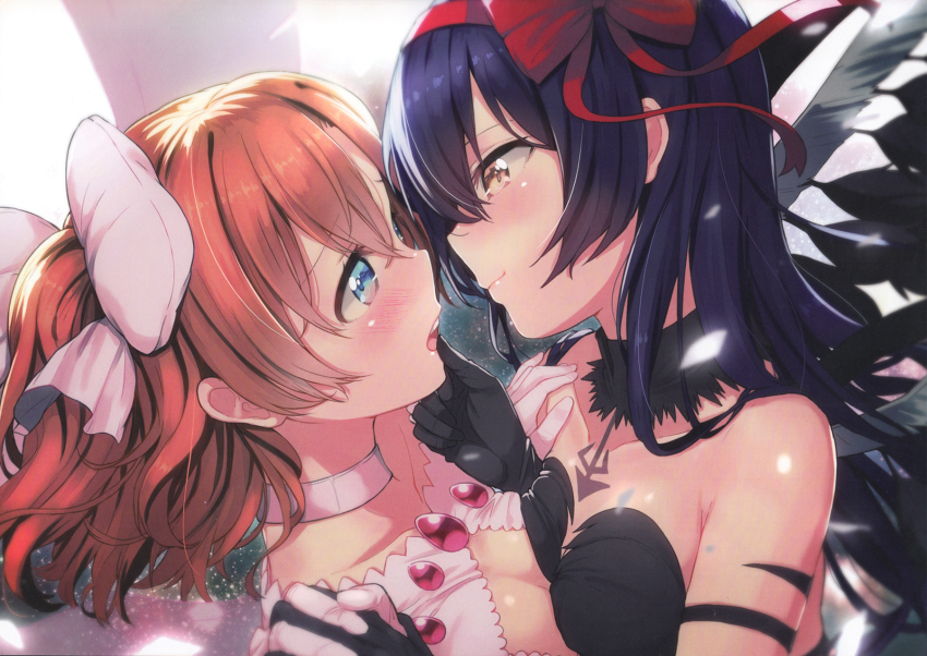 2girls, akemi_homura, akuma_homura, akuma_homura_(cosplay), blue_eyes, blue_hair, blush, bow, breast_press, breasts, brown_hair, choker, collarbone, cosplay, embarrassed, finger_to_another's_mouth, hair_bow, hair_ribbon, hand_on_another's_chest, hand_on_another's_chin, haruken, highres, holding_hands, kaname_madoka, kosaka_honoka, long_hair, love_live!, love_live!_school_idol_project, mahou_shoujo_madoka_magica, mahou_shoujo_madoka_magica:_hangyaku_no_monogatari, multiple_girls, open_mouth, orange_hair, ribbon, scan, short_hair, smile, sonoda_umi, symmetrical_docking, ultimate_madoka, ultimate_madoka_(cosplay), wings, yellow_eyes, yuri