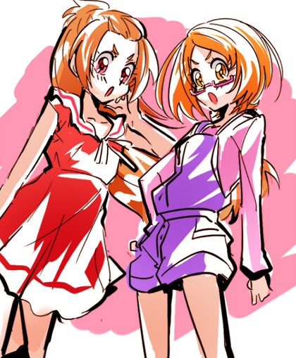 10s, 2girls, :o, biho_(tsuinku), brown_eyes, brown_hair, dokidoki!_precure, glasses, half_updo, in-franchise_crossover, long_hair, madoka_aguri, multiple_girls, overalls, pink-framed_eyewear, pink_background, precure, red_eyes, red_skirt, shirabe_ako, shirt, short_hair, shorts, skirt, standing, suite_precure