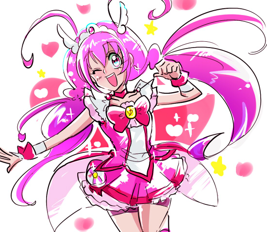 10s, 1girl, ;d, antenna_hair, biho_(tsuinku), bike_shorts, bike_shorts_under_skirt, bow