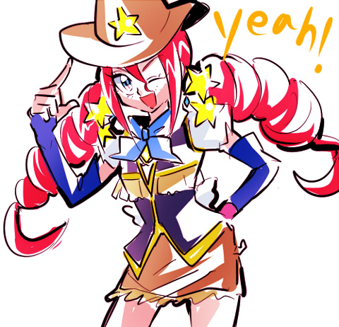 10s, 1girl, ;d, arm_warmers, biho_(tsuinku), blue_arm_warmers, blue_eyes, brown_skirt, cowboy_western, female_focus, hand_on_own_hip, happinesscharge_precure!, hat, long_hair, lowres, magical_girl, one_eye_closed, open_mouth, precure, red_hair, red_haired_cure_(bomber_girls_precure)_(happinesscharge_precure!), scarf, skirt, smile, solo, star_(symbol), twintails, white_background