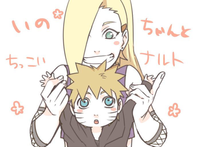 1boy, 1girl, :d, age_difference, age_regression, aged_down, arm_grab, arms_up, blonde_hair, blue_eyes, blush, child, earrings, facial_mark, facing_viewer, fishnets, grin, hair_ornament, hair_over_one_eye, hairclip, hands_up, happy, high_ponytail, holding, holding_another's_arm, index_finger_raised, jacket, japanese_text, jewelry, lasting-801, long_hair, long_sleeves, looking_at_another, looking_at_viewer, looking_down, naruto_(classic), naruto_(series), naruto_shippuuden, one_eye_covered, open_mouth, parted_lips, ponytail, purple_shirt, shirt, short_hair, size_difference, sleeveless, sleeveless_shirt, smile, spiked_hair, stud_earrings, teeth, text_focus, time_paradox, tongue, translated, upper_body, uzumaki_naruto, whisker_markings, whisker_marks, whiskers, yamanaka_ino