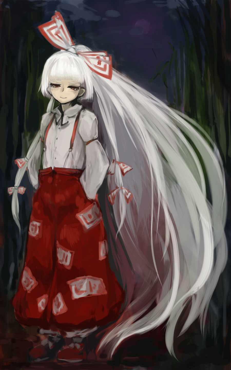 1girl, arm_garter, baggy_pants, big_hair, dark, dress_shirt, female_focus, fujiwara_no_mokou