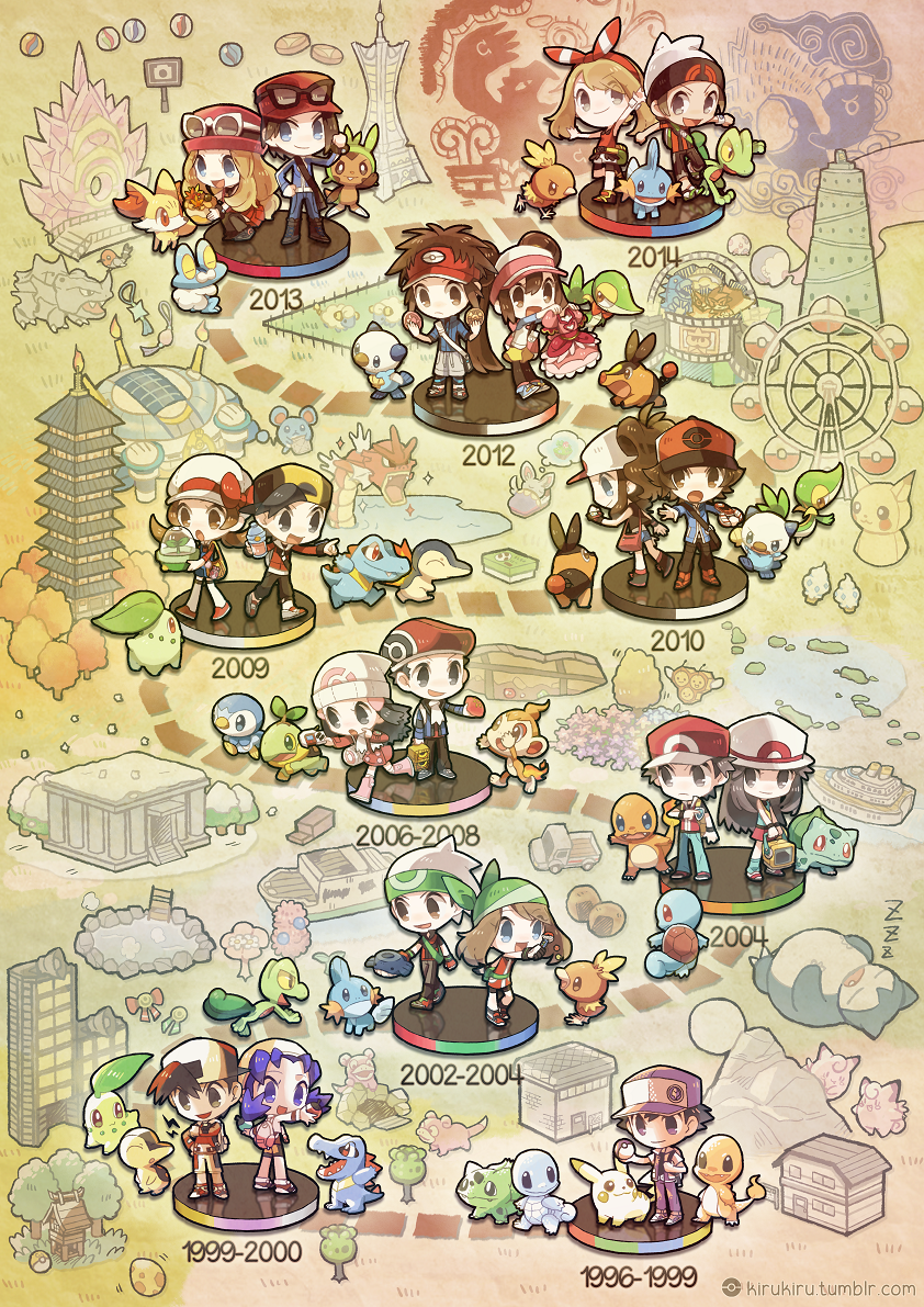 00s, 10s, 1990s_(style), 6+girls, alternate_color, alternate_costume, bad_id, bad_tumblr_id, bandana, baseball_cap, berry_(pokemon), bike_shorts, black_hair, black_legwear, blonde_hair, blue_eyes, breasts, brendan_(pokemon), brown_eyes, brown_hair, dawn_(pokemon), double_bun, egg, ethan_(pokemon), fire, flame-tipped_tail, food, fruit, gloves, hair_bun, hair_ornament, hair_ribbon, hat, hilbert_(pokemon), hilda_(pokemon), kris_(pokemon), leaf_(pokemon), long_hair, lyra_(pokemon), may_(pokemon), may_(pokemon_oras), multiple_boys, multiple_girls, nate_(pokemon), nintendo, open_mouth, pantyhose, poke_ball, poke_ball_(basic), pokemon, pokemon_(creature), pokemon_black_and_white, pokemon_black_2_and_white_2, pokemon_diamond/pearl/platinum, pokemon_firered_and_leafgreen, pokemon_gold/silver/crystal, pokemon_heartgold_and_soulsilver, pokemon_omega_ruby_and_alpha_sapphire, pokemon_red/green/blue/yellow, pokemon_rgby_beta, pokemon_ruby/sapphire/emerald, pokemon_x_and_y, ponytail, prototype_design, raglan_sleeves, red_(pokemon), red_(pokemon_frlg), retro_artstyle, ribbon, rosa_(pokemon), scarf, serena_(pokemon), shiny_pokemon, short_hair, shorts, skirt, sleeveless, smile, speech_bubble, starter_pokemon_trio, sunglasses, tail, thighhighs, thought_bubble, twintails, two_side_up, underground_(sinnoh), visor_cap, watermark, web_address