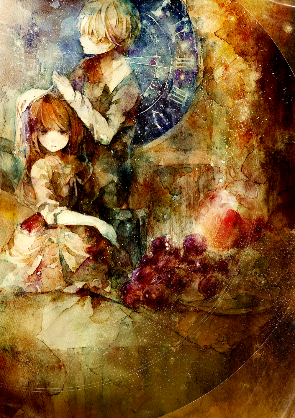 1boy, 1girl, abstract_background, aji77, ascot, blurry, brown_hair, clock