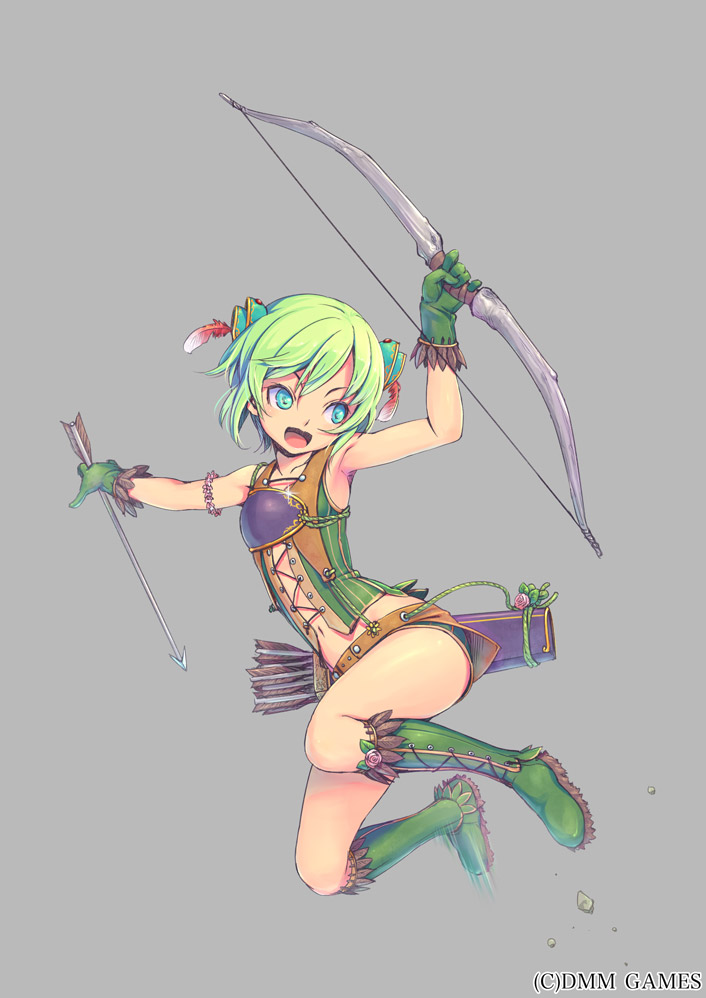 1girl, armpits, arrow_(projectile), bad_id, bad_pixiv_id, blue_eyes, bow_(weapon), gloves, green_hair, last_summoner, official_art, open_mouth, piro_(artist), piro_(orip), robin_hood_(last_summoner), weapon
