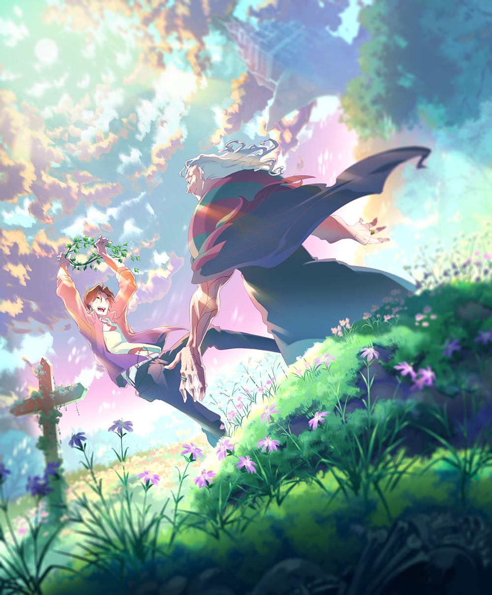 2boys, cross, fate/zero, fate_(series), flower, gilles_de_rais_(caster)_(fate), gilles_de_rais_(fate), grey_hair, head_wreath, highres, multiple_boys, orange_hair, plant, tato_t06, uryuu_ryuunosuke, vines