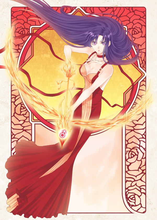 1girl, arrow_(projectile), art_nouveau, bare_arms, bare_shoulders, bishoujo_senshi_sailor_moon, bow, bow_(weapon), breasts, choker, cleavage, collarbone, dress, female_focus, fire, full_body, hino_rei, jewelry, long_hair, looking_at_viewer, mars_symbol, necklace, nickii25, princess, princess_mars, purple_eyes, purple_hair, red_dress, ribbon, solo, standing, very_long_hair, weapon