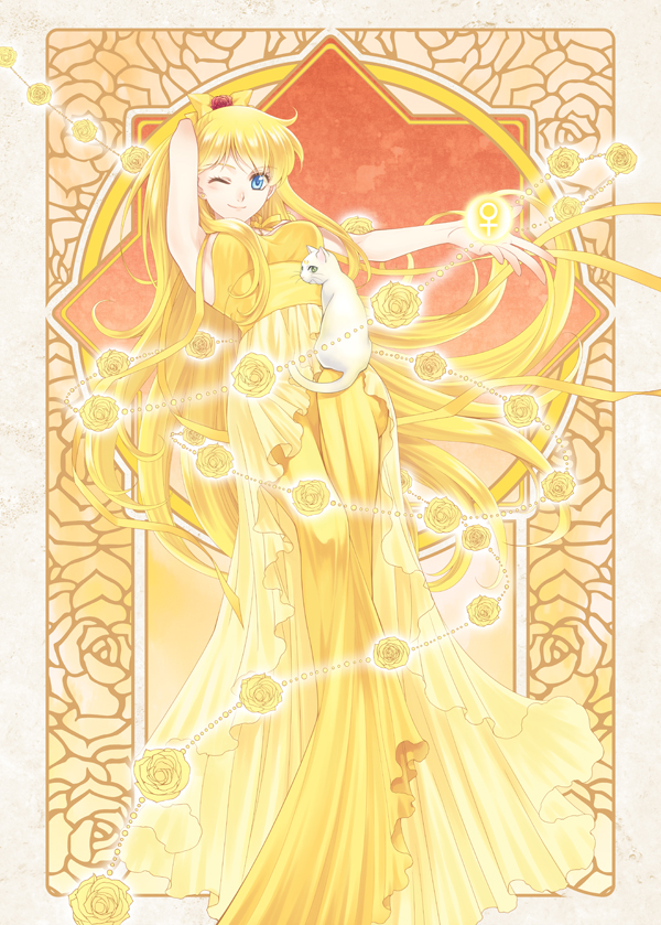 1girl, aino_minako, arm_behind_head, armpits, arms_behind_head, art_nouveau, artemis_(sailor_moon), bare_arms