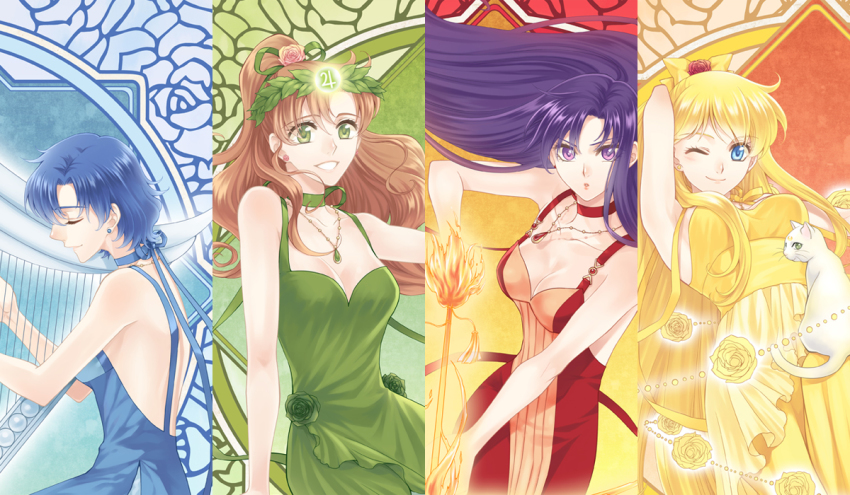 4girls, aino_minako, arm_behind_head, arm_support, armpits, arms_behind_head, arrow_(projectile), art_nouveau