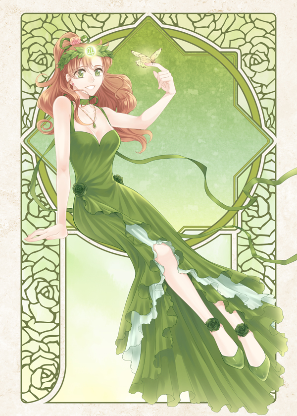 1girl, arm_support, art_nouveau, bare_arms, bare_shoulders, bishoujo_senshi_sailor_moon, breasts, brown_hair, bug, butterfly, choker, cleavage, collarbone, dress, earrings, female_focus, flower, full_body, green_dress, green_eyes, green_flower, green_rose, green_shoes, hair_ribbon, head_wreath, insect, jewelry, jupiter_symbol, kino_makoto, laurel_crown, long_hair, necklace, nickii25, ponytail, princess, princess_jupiter, ribbon, ribbon_choker, rose, shoes, sitting, smile, solo