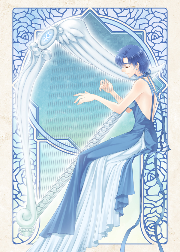 1girl, art_nouveau, backless_dress, backless_outfit, bare_arms, bare_back, bishoujo_senshi_sailor_moon, blue_dress