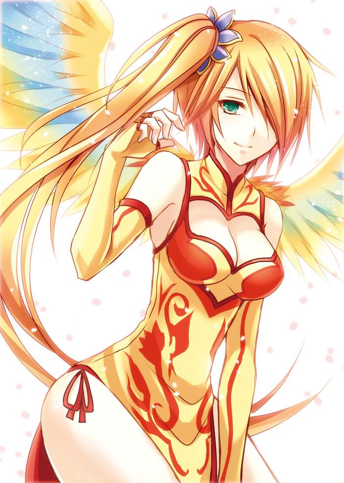 1girl, aqua_eyes, bad_id, bad_pixiv_id, bare_shoulders, breasts, china_dress, chinese_clothes, cleavage, cleavage_cutout, clothing_cutout, dress, elbow_gloves, feathered_wings, female_focus, fingerless_gloves, gloves, hair_over_one_eye, leilan_(p&amp;d), leiran_(p&amp;d), light_particles, light_smile, long_hair, puzzle_&amp;_dragons, side_ponytail, solo, tsubaki-chisa, very_long_hair, wings