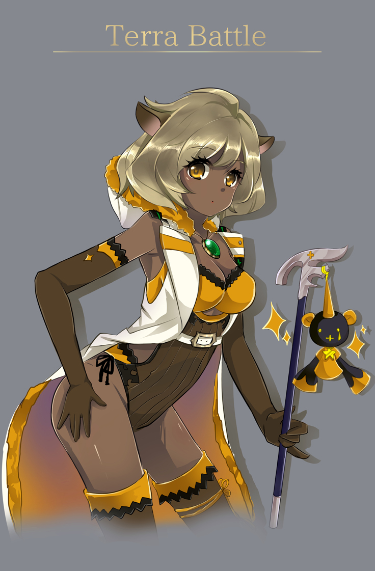 1girl, amimari_(terra_battle), animal_ears, bare_shoulders, black_ribbon, blush, breasts, brown_gloves, brown_thighhighs, cleavage, coat, collarbone, copyright_name, dark-skinned_female, dark_skin, female_focus, firou, firuo_(king_fish), fur_trim, gloves, grey_background, hand_on_own_hip, holding, hood, jewelry, leotard, light_brown_hair, necklace, ribbon, scepter, short_hair, simple_background, sleeveless, sleeveless_coat, solo, sparkle, terra_battle, thighhighs, yellow_eyes
