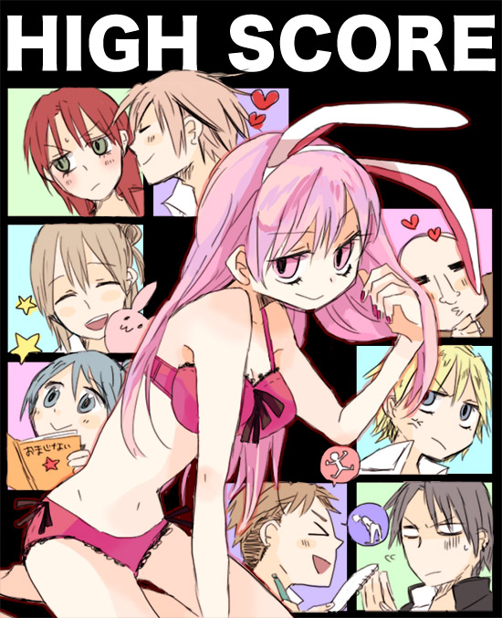 3girls, 6+boys, animal_ears, bad_id, bad_pixiv_id, black_hair, blonde_hair, bra