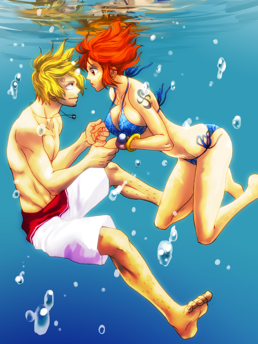 1boy, 1girl, bad_id, bad_pixiv_id, bangle, barefoot, bikini, blonde_hair