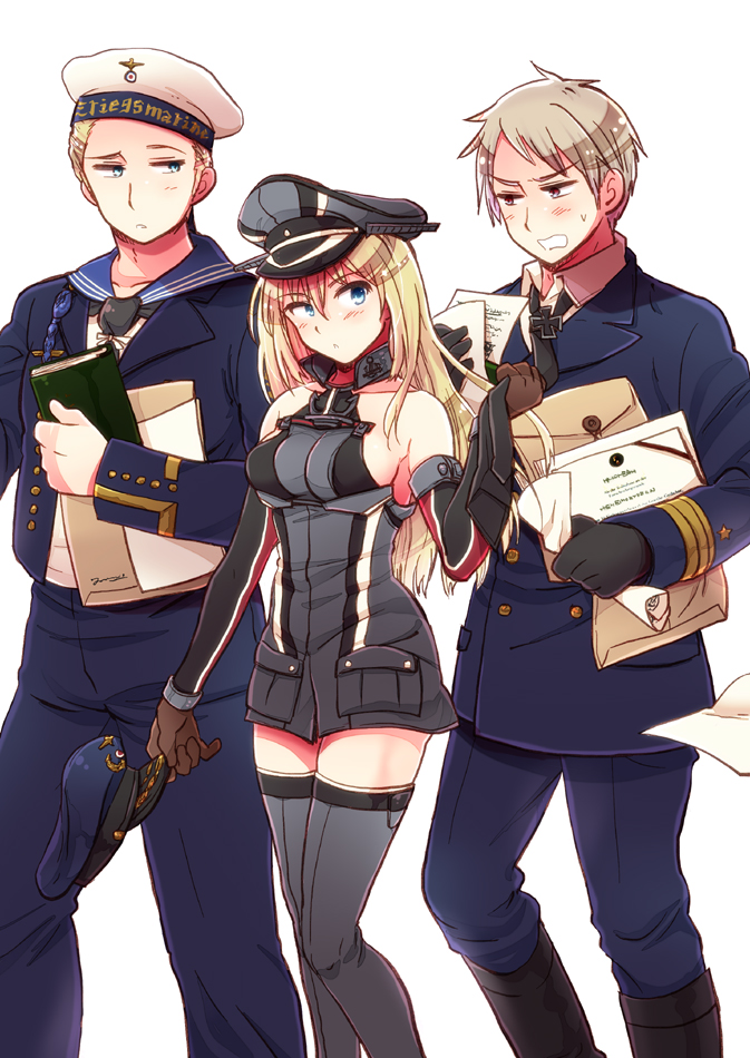 10s, 1girl, 2boys, :<, axis_powers_hetalia, bare_shoulders, bismarck_(kancolle), black_footwear, blonde_hair, blue_eyes, book, boots, breasts, brown_hair, buttons, clenched_teeth, clothes_grab, collared_shirt, commentary_request, crossover, double-breasted, elbow_gloves, envelope, germany_(hetalia), gloves, grey_thighhighs, hat, himaruya_hidekazu_(style), holding, kantai_collection, kuro_(parade), long_hair, looking_at_another, looking_back, military, military_uniform, multiple_boys, necktie, necktie_grab, neckwear_grab, paper, peaked_cap, prussia_(hetalia), sailor_collar, shirt, sideways_glance, simple_background, teeth, thighhighs, unworn_hat, unworn_headwear, walking, white_background, zettai_ryouiki
