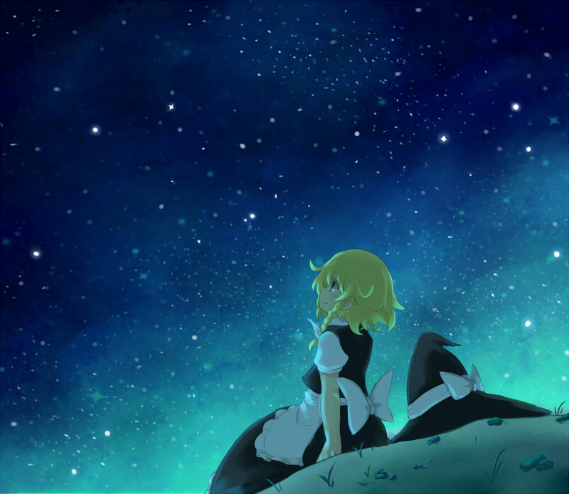 1girl, apron, arm_support, blonde_hair, blush, braid, dress, female_focus