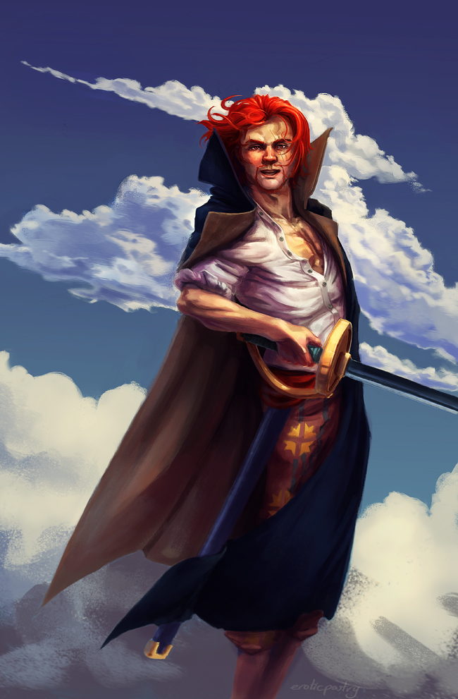 1boy, amputee, blue_sky, cloud, jacket_on_shoulder, lordofthepies, male_focus, one_piece, red_hair, scar, shanks_(one_piece), shirt, sky, solo, sword, weapon, white_shirt