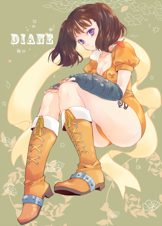 10s, 1girl, :o, ass, blush, bodysuit, boots, breasts, brown_hair, character_name, cleavage, collarbone, diane_(nanatsu_no_taizai), elbow_gloves, emblem, female_focus, fingerless_gloves, floral_background, flower, from_side, full_body, gloves, hands_on_own_knees, head_tilt, high_heel_boots, high_heels, knee_boots, knees_up, lace-up_boots, legs_together, leotard, long_hair, looking_at_viewer, nanatsu_no_taizai, orange_boots, parted_lips, puffy_short_sleeves, puffy_sleeves, purple_eyes, ribbon, shitora_(citora), short_hair, short_sleeves, short_twintails, sitting, solo, tattoo, twintails