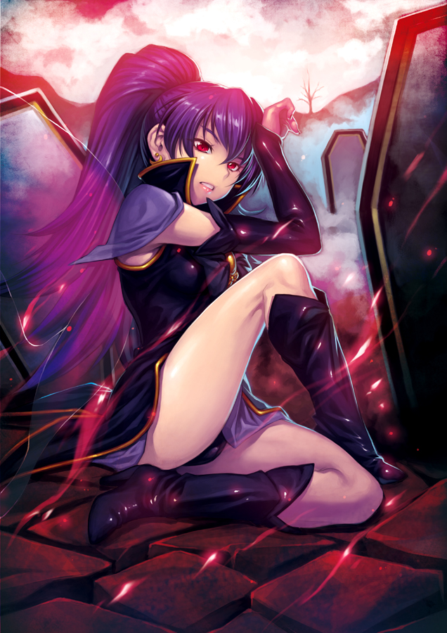 10s, 1girl, arm_warmers, black_arm_warmers, black_panties, boots, butterfly_wings, cure_tender, female_focus, full_body, happinesscharge_precure!, high_heel_boots, high_heels, high_ponytail, hikawa_maria, insect_wings, kazuma_muramasa, knee_boots, long_hair, magical_girl, panties, pantyshot, ponytail, precure, purple_hair, red_eyes, sitting, solo, spoilers, underwear, wings