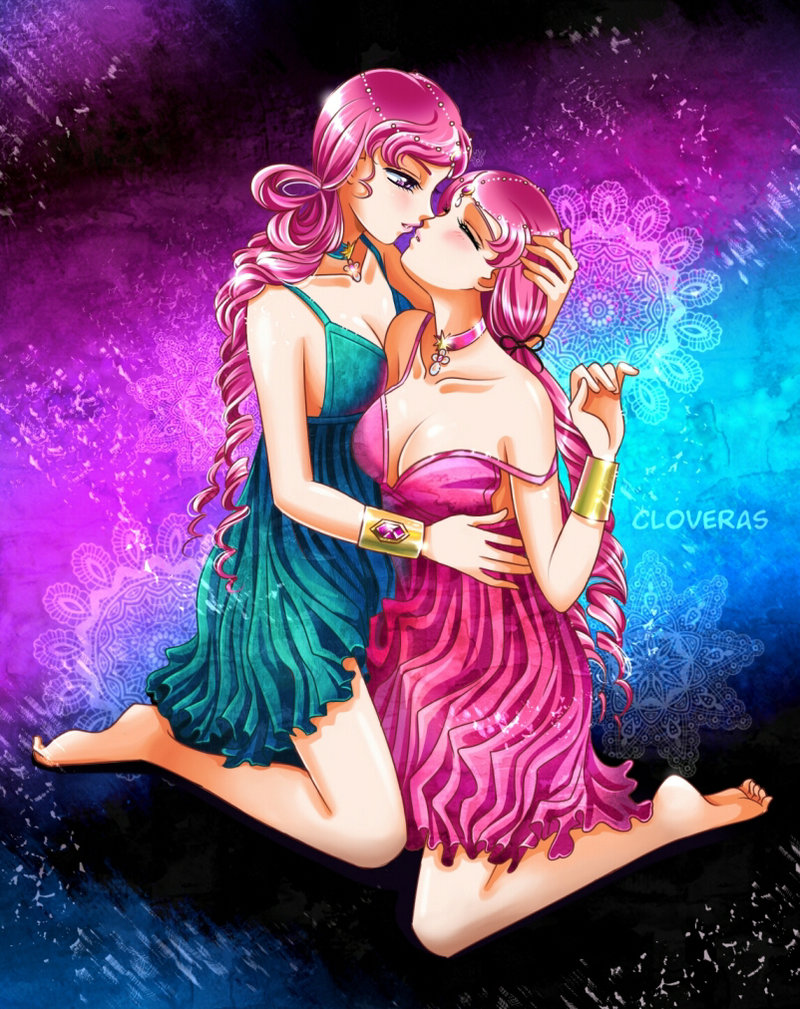 2girls, aqua_dress, artist_name, bad_id, bad_pixiv_id, bare_legs, barefoot, bishoujo_senshi_sailor_moon, bishoujo_senshi_sailor_moon_stars, blush, bracelet, choker, closed_eyes, cloveras, couple, dress, drill_hair, full_body, gem, gradient_background, hair_ornament, hand_on_another's_head, imminent_kiss, incest, jewelry, kneeling, long_hair, multiple_girls, pink_dress, pleated_dress, ponytail, sailor_lethe, sailor_mnemosyne, sailor_senshi, siblings, sisters, sitting, strap_slip, yuri