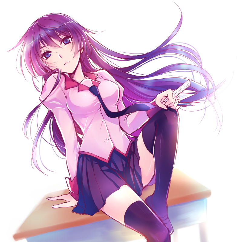 1girl, arm_support, bakemonogatari, between_fingers, black_shoes, black_thighhighs, blue_eyes, breasts