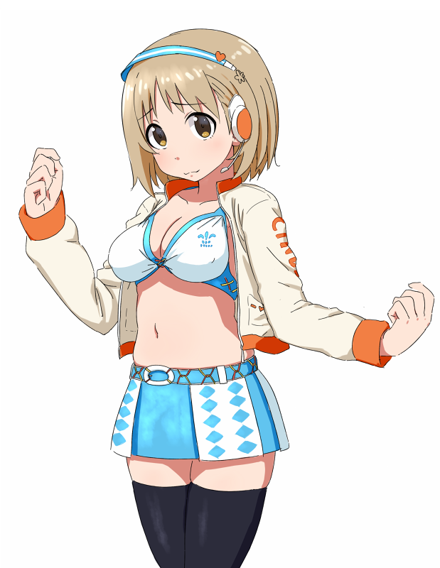 1girl, belt, bikini, bikini_top_only, black_thighhighs, breasts, brown_eyes, brown_hair