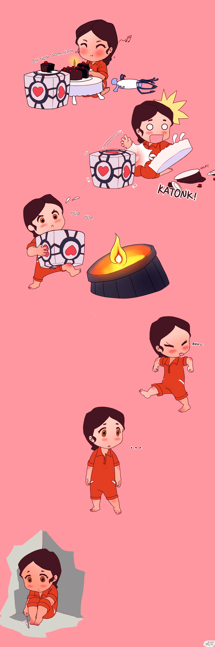 aperture_science_handheld_portal_device, barefoot, black_forest_cake, blush, cake, chell, chibi, comic