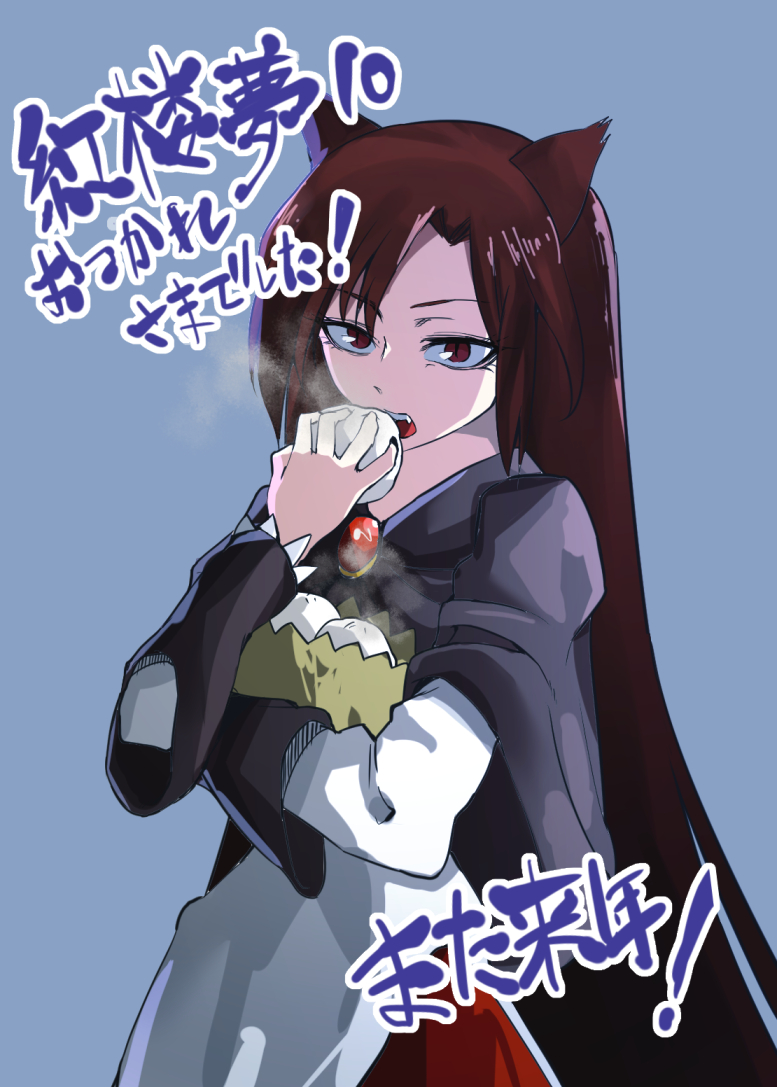 1girl, animal_ears, steamed_bun, brown_eyes, brown_hair, capelet, dress, eating