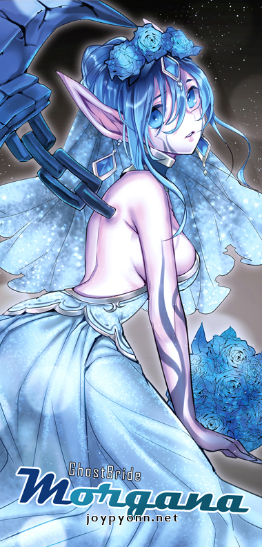 1girl, backless_outfit, bare_shoulders, blue_eyes, bouquet, breasts, chain, character_name, dress, earrings, female_focus, flower, ghost_bride_morgana, hair_flower, hair_ornament, jewelry, joypyonn, league_of_legends, looking_at_viewer, morgana_(league_of_legends), pale_skin, pointy_ears, sideboob, solo, tattoo, veil, watermark, web_address, wings