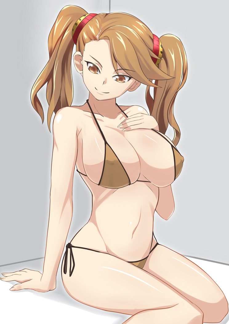 10s, 1girl, arm_support, bikini, breasts, breasts_apart, brown_bikini, brown_eyes, brown_hair, cleavage, covered_erect_nipples, fingernails, groin, gundam, gundam_build_fighters, gundam_build_fighters_try, hair_ornament, hand_on_own_chest, large_breasts, light_smile, long_fingernails, long_hair, looking_at_viewer, navel, outline, sazaki_kaoruko, side-tie_bikini_bottom, sitting, smile, string_bikini, swept_bangs, swimsuit, twintails, wariza, wide_hips, wo_jianqiang_fu_guo