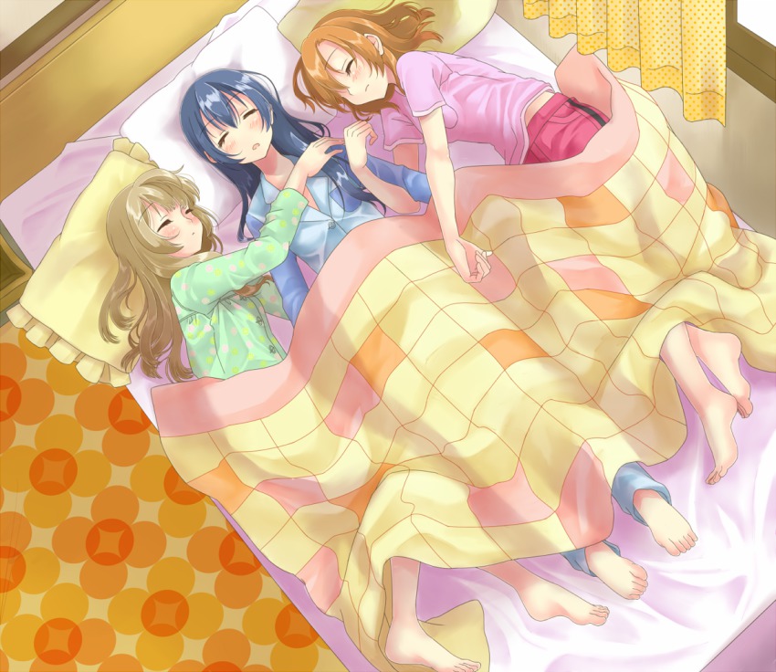 10s, 3girls, arm_hug, barefoot, bed, bed_sheet, blanket, blue_hair