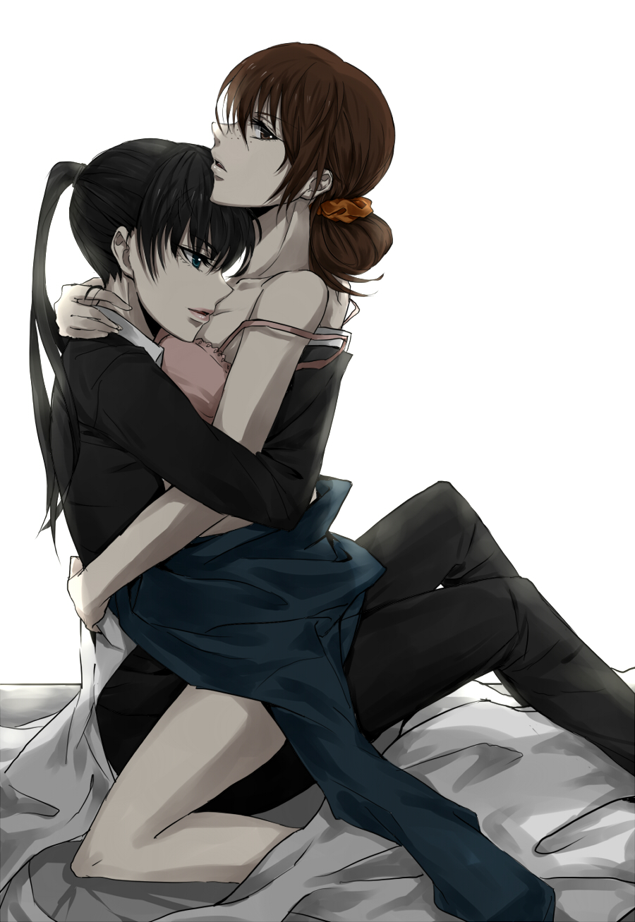 10s, 2girls, ashthorn, bad_id, bare_shoulders, bed, bed_sheet, black_hair