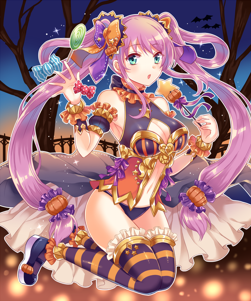 1girl, aqua_eyes, arm_garter, bare_shoulders, bat_(animal), bow, breasts, bustier, candy, center_opening, choker, cleavage, cleavage_cutout, clothing_cutout, dusk, female_focus, food, food-themed_hair_ornament, full_body, hair_bow, hair_ornament, halloween, jumping, large_breasts, light_particles, lollipop, long_hair, looking_at_viewer, navel, official_art, open_mouth, original, outdoors, panties, pumpkin_hair_ornament, purple_hair, purple_panties, senjou_no_electro_girl, shina_shina, showgirl_skirt, solo, sparkle, striped_clothes, striped_thighhighs, thighhighs, tree, twintails, underwear, very_long_hair, wand, wrist_cuffs