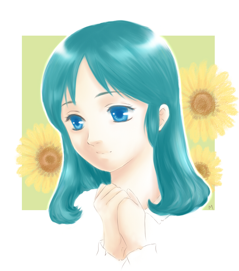 1girl, blue_eyes, blue_hair, female_focus, flower, green_hair, long_hair, matching_hair/eyes