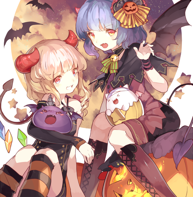>_<, 2girls, :3, :d, alternate_costume, alternate_hairstyle, arm_warmers, baddie_(p&amp;d), bare_shoulders, bat_(animal), bat_wings, bell, blonde_hair, blue_eyes, blue_hair, boots, capelet, choker, closed_eyes, collar, creature, crossover, demon_horns, demon_tail, dress, fang, flandre_scarlet, food-themed_hair_ornament, hair_ornament, halloween, horns, jack-o'-lantern, jingle_bell, kneehighs, lace-up_boots, light_purple_hair, long_hair, looking_at_viewer, multicolored_eyes, multiple_girls, neck_bell, open_mouth, pumpkin, pumpkin_hair_ornament, puzzle_&amp;_dragons, red_eyes, reeh_(yukuri130), remilia_scarlet, short_hair, siblings, single_sleeve, sisters, sitting, sleeveless, sleeveless_dress, smile, socks, star_(symbol), striped_clothes, striped_legwear, striped_thighhighs, tail, tamadra, thighhighs, touhou, wings, wrist_cuffs, yellow_eyes