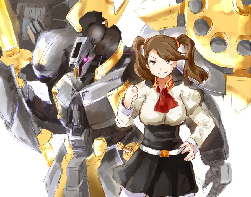10s, 1girl, brown_eyes, brown_hair, female_focus, grin, gundam, gundam_build_fighters