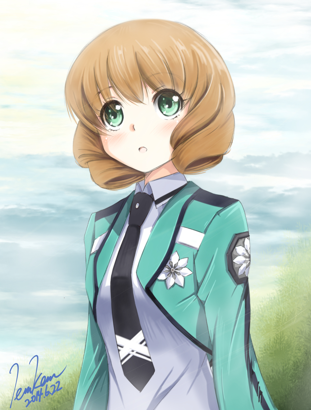 10s, 1girl, blush, brown_hair, dated, female_focus, green_eyes, highres