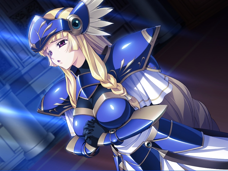 1girl, andou_tomoya, armor, blonde_hair, breasts, female_focus, game_cg, gloves, helmet, himekishi_olivia, inoino, large_breasts, long_hair, looking_up, lune_(himekishi_olivia), moonlight, nakano_sora, night, open_mouth, praying, red_eyes, solo, standing