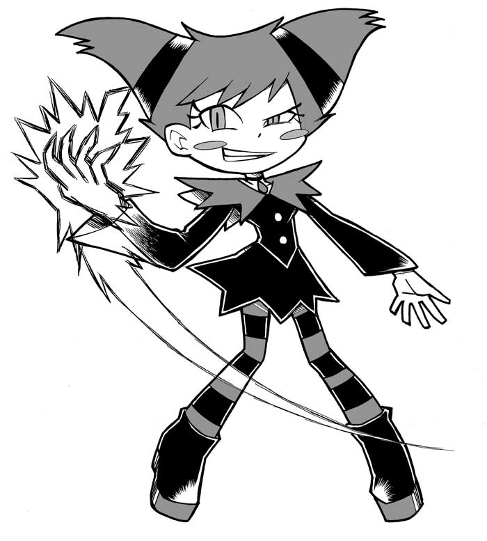 1girl, blush_stickers, cartoon_network, chibi, dc_comics, female_focus, glowing, glowing_hand, greyscale, grin, hiroyonn417, jinx_(dc), monochrome, pantyhose, shiina_katsuyuki, short_hair, smile, solo, striped_clothes, striped_pantyhose, teen_titans